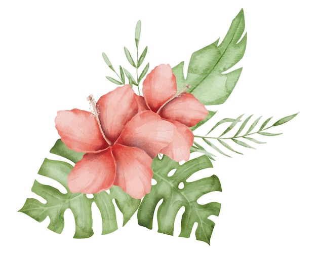 Ilustración vectorial de acuarela de flor de hibisco arte de clip dibujado a mano en un fondo aislado dibujo de una planta tropical en flor y hojas exóticas pintura de impresión floral para verano y ropa de playa