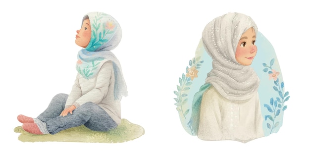 Ilustración vectorial de acuarela para niños con hijab cortado 16