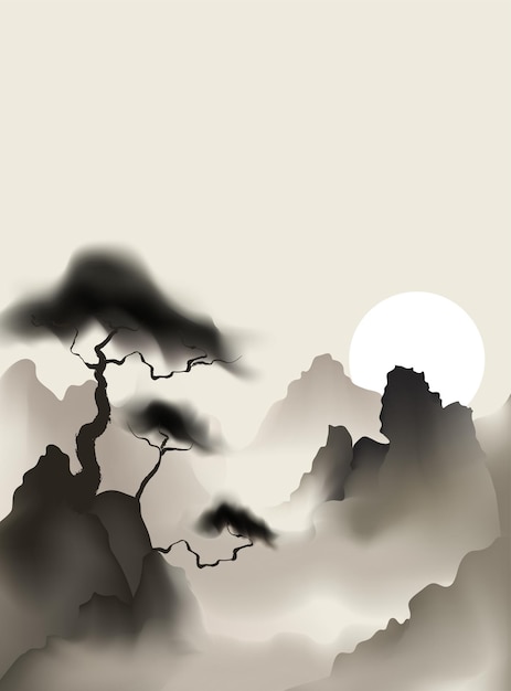 Una ilustración vectorial de acuarela de un paisaje asiático con montañas brumosas