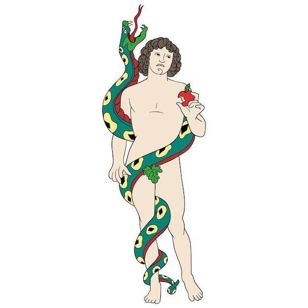 Ilustración vectorial Adán serpiente y manzana