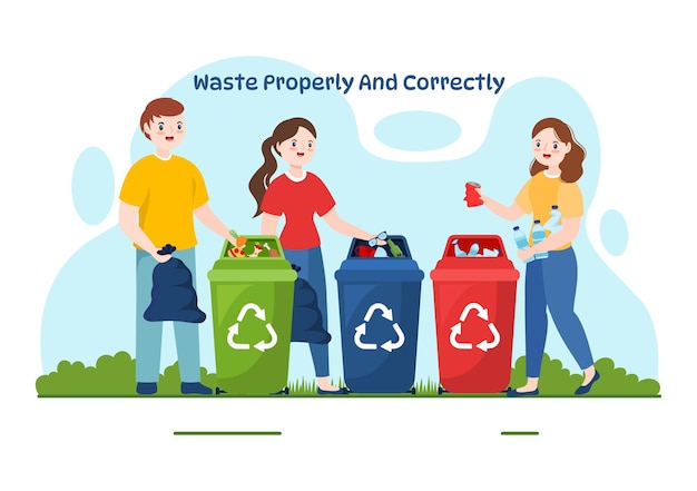Ilustración vectorial adecuada de residuos con demostración de clasificación y eliminación correcta de basura