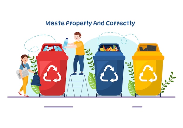 Ilustración vectorial adecuada de residuos con demostración de clasificación y eliminación correcta de basura