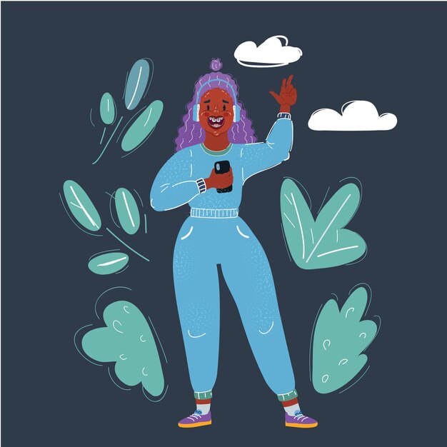 Ilustración vectorial de una adolescente afro escuchando música con un teléfono inteligente con auriculares en un fondo oscuro