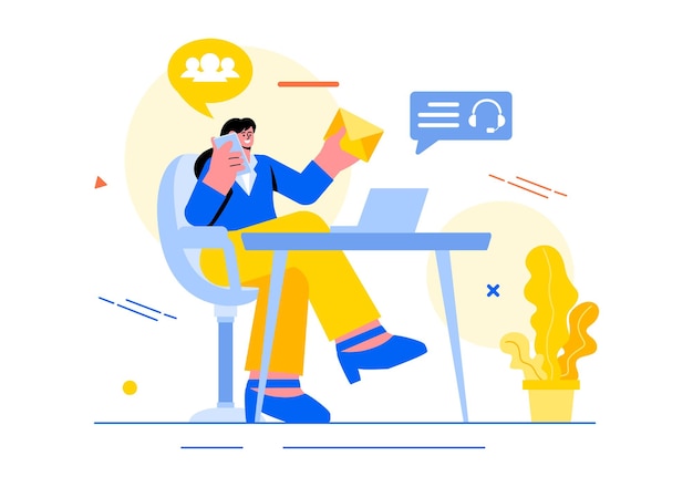 Ilustración vectorial del agente del centro de llamadas del servicio al cliente o del operador de línea directa con auriculares o computadoras en un fondo de dibujos animados de estilo plano