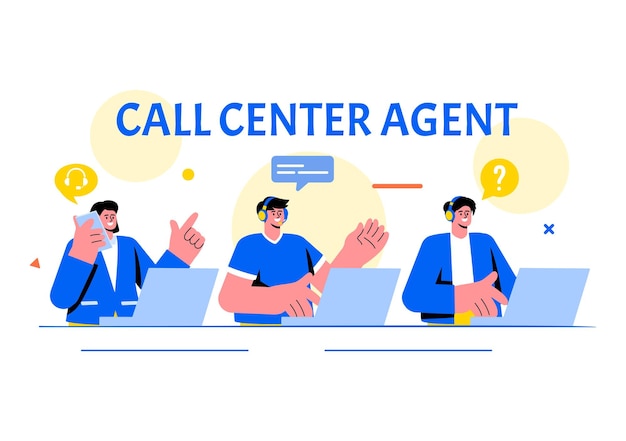 Ilustración vectorial del agente del centro de llamadas del servicio al cliente o del operador de línea directa con auriculares o computadoras en un fondo de dibujos animados de estilo plano