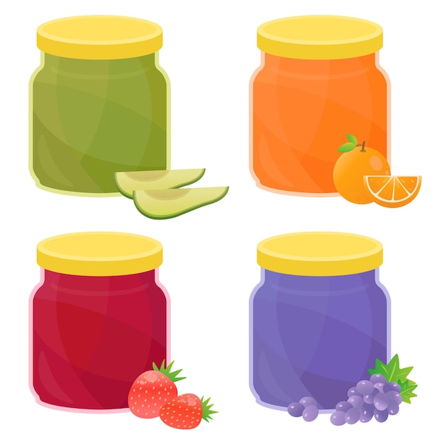 Ilustración vectorial de aguacate, fresa naranja y mermelada de uva esparcida sobre el pan