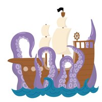 Vector ilustración vectorial aislada de un barco pirata con un kraken el pulpo gigante atrapa el barco