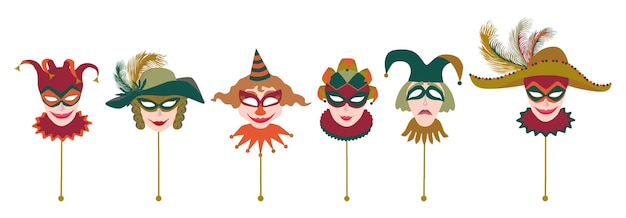 Ilustración vectorial aislada en blanco de la colección de máscaras vintage venecianas de mascarada