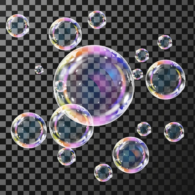 Ilustración vectorial aislada de burbujas de jabón realistas con reflejo de arco iris