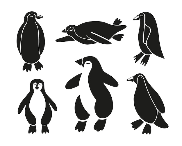 Ilustración vectorial aislada de un conjunto de pingüinos sobre un fondo blanco