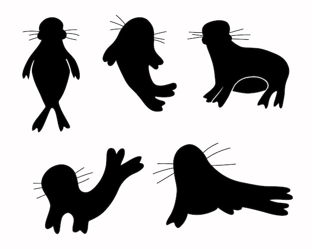 Ilustración vectorial aislada de un conjunto de siluetas de focas de pelaje sobre un fondo blanco