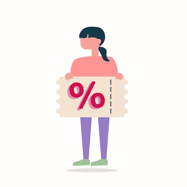 Ilustración vectorial aislada de diseño plano de niñas mujeres que sostienen cupones de compras con descuento en el precio de la tienda