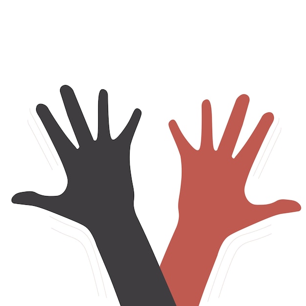 Ilustración vectorial aislada de dos manos rojas y negras que muestran cinco altas representaciones de trabajo en equipo