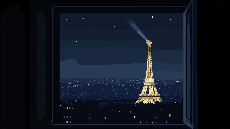 Vector ilustración vectorial aislada iluminada de la torre eiffel por la noche para diseños