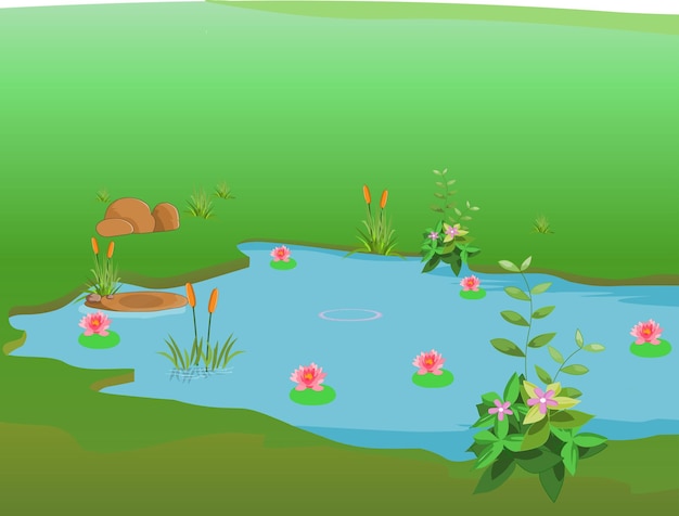 Vector ilustración vectorial aislada de jardín y lago con flores