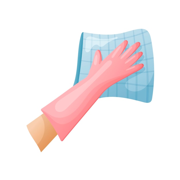 La ilustración vectorial aislada de una mano en un guante de limpieza de goma sostiene un trapo y limpia la suciedad y las manchas