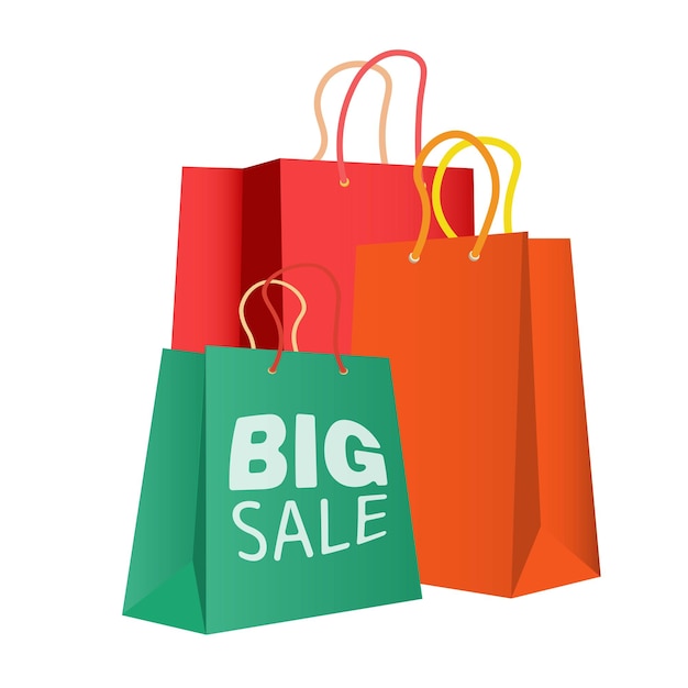 Ilustración vectorial aislada de naranja rojo y verde tres bolsas de compras de papel con una gran palabra de venta