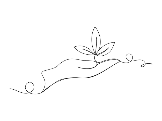 Ilustración vectorial aislada de una planta de una línea continua en la mano de la palma