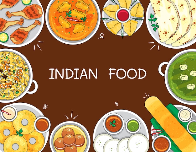 Vector ilustración vectorial aislado platos de comida india en la vista superior de la mesa estilo de dibujo de dibujos animados