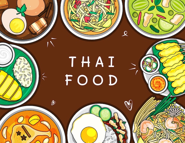 Ilustración vectorial aislado platos de comida india en la vista superior de la mesa estilo de dibujo de dibujos animados