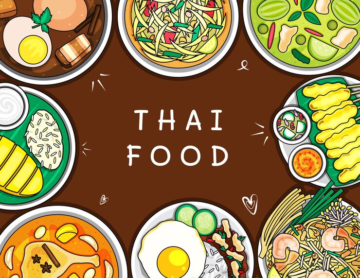 Ilustración vectorial aislado platos de comida india en la vista superior de la mesa estilo de dibujo de dibujos animados
