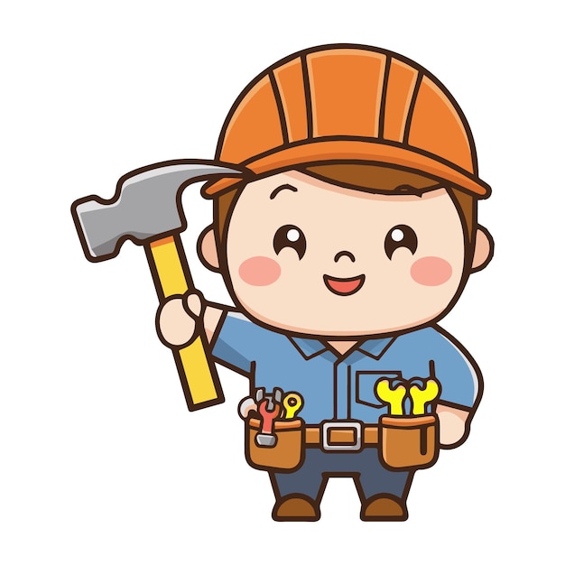 Ilustración vectorial al estilo de dibujos animados de Cute Handyman Holding Hammer