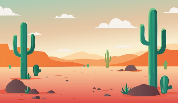 Ilustración vectorial al estilo de dibujos animados Desierto caliente paisaje natural con dunas cactus montañas y st