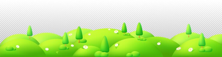 Vector ilustración vectorial al estilo de dibujos animados de un lindo prado verde en primavera escena 3d al aire libre con colinas