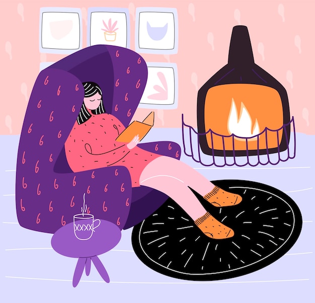 Ilustración vectorial al estilo garabato con una chica descansando y leyendo un libro en casa