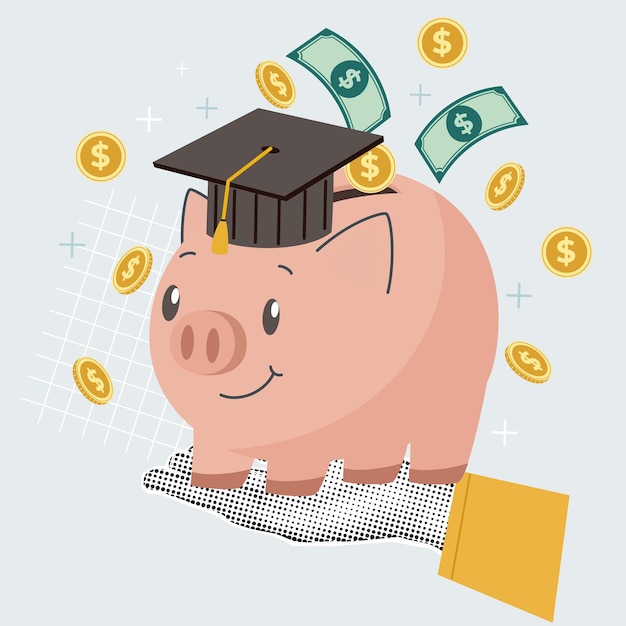 Ilustración vectorial de una alcancía con una gorra de graduación con monedas y billetes que caen un concepto para el ahorro educativo y la planificación financiera de los estudiantes