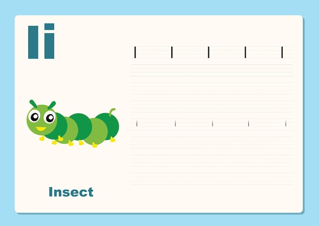 Ilustración vectorial Alfabeto Letra I Ejercicio de insectos con hoja de trabajo de vocabulario de dibujos animados editable