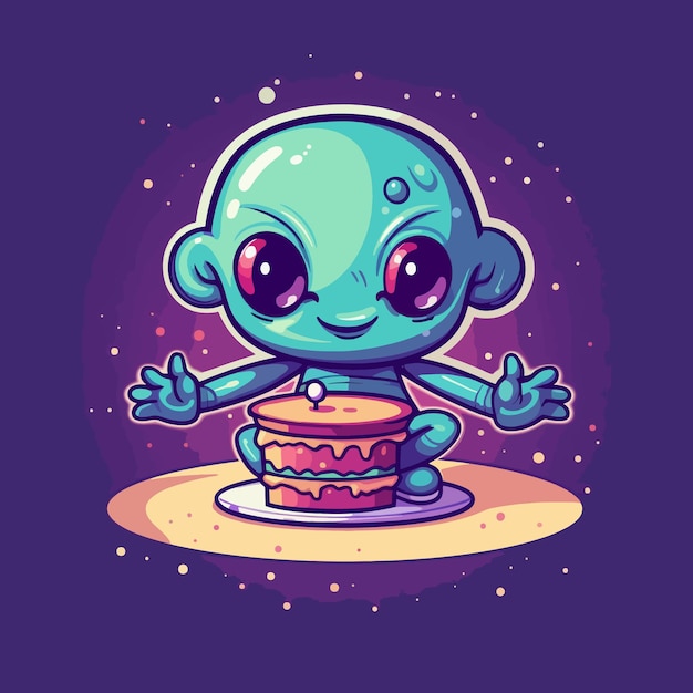 Ilustración vectorial de un alienígena con un pastel en la mano