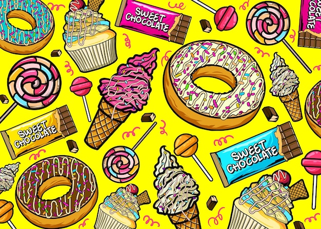 Ilustración vectorial de alimentos dulces Un conjunto de ilustraciones de fondo de alimentos dulce dibujadas a mano