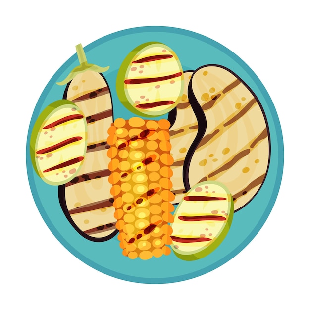 Ilustración vectorial de alimentos a la parrilla con rebanadas de verduras descansadas en el plato