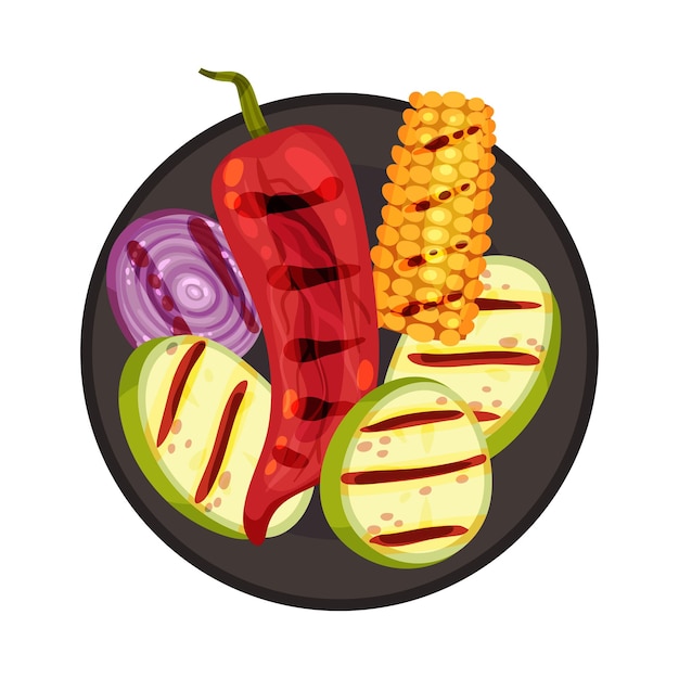 Vector ilustración vectorial de alimentos a la parrilla con rebanadas de verduras descansadas en el plato