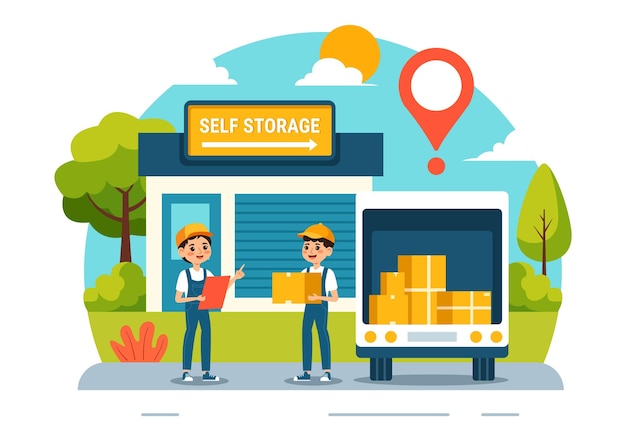 Ilustración vectorial de almacenamiento automático con cajas de cartón llenas de artículos no utilizados en un mini almacén o garaje de alquiler en un fondo plano de dibujos animados