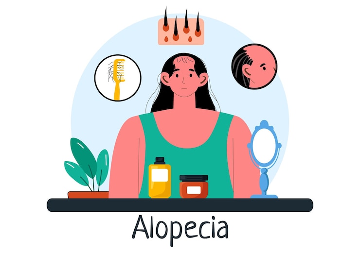 Vector ilustración vectorial de alopecia con pérdida de cabello debido a una enfermedad autoinmune y calvicie en un tema de atención médica con un fondo de dibujos animados de estilo plano