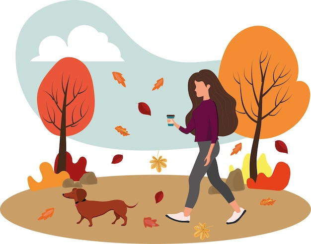 Ilustración vectorial de alta calidad La niña camina con el perro Otoño Chica con café