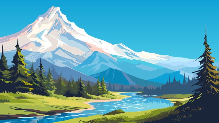 Ilustración vectorial de altas montañas rocosas cubiertas de nieve bajo un cielo azul claro