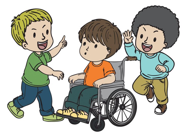 Ilustración vectorial de la amistad inclusiva Imagen aislada de niños jugando juntos