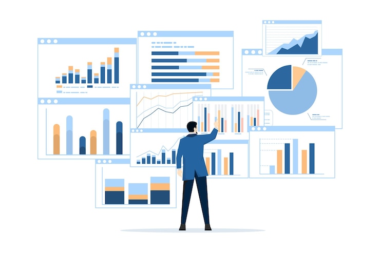 Vector ilustración vectorial del análisis y monitoreo del equipo de negocios en el monitor del tablero de instrumentos de informes web