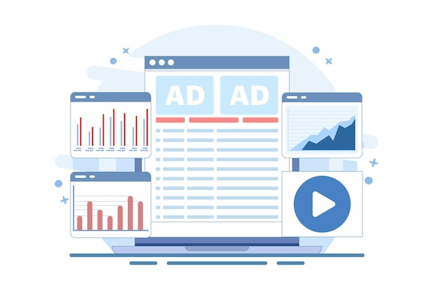 Ilustración vectorial Análisis publicitario Concepto o evaluación detallada de la publicidad comercial