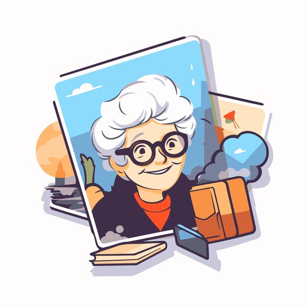 Vector ilustración vectorial de una anciana con gafas y un libro en las manos