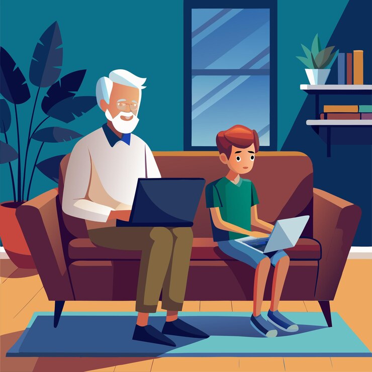 Vector ilustración vectorial de un anciano abuelo y nieto sentado en un sofá con computadoras portátiles