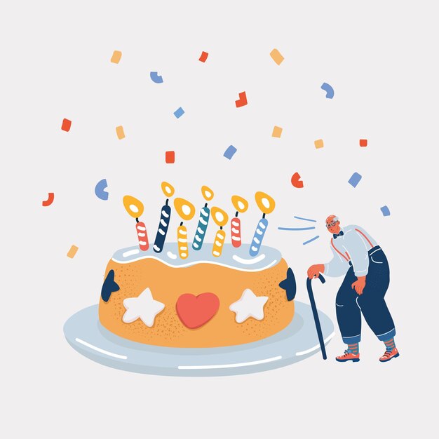 Ilustración vectorial de un anciano soplando las velas en el pastel de cumpleaños