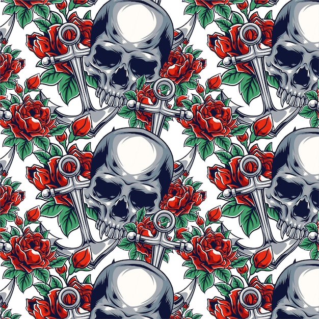 Ilustración vectorial de anclas rosas y calaveras con estilo de dibujo a mano vintage