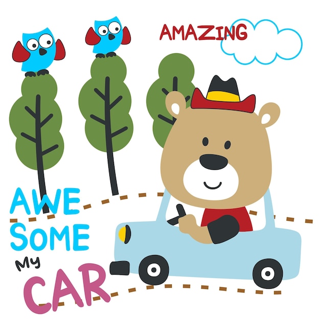 Ilustración vectorial de un animal divertido conduciendo el auto azul Estilo de dibujos animados de fondo divertido para niños Pequeña aventura con animales en la carretera para diseño de vivero diseño de arte de camiseta de dibujos animados