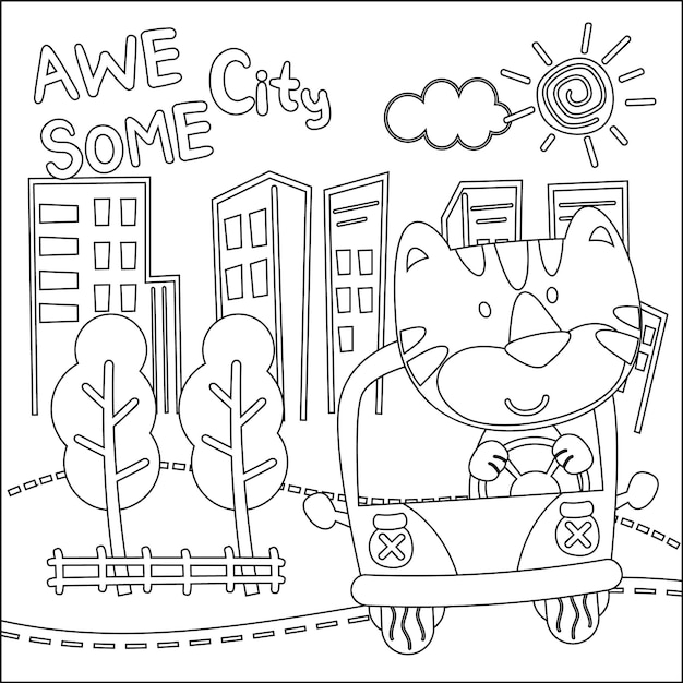 Ilustración vectorial de un animal divertido que conduce el libro o la página para colorear de autos blancos