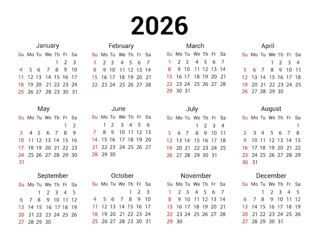 Ilustración vectorial del año calendario 2026 Semana Comienza el domingo plantilla de calendario mensual para 2026