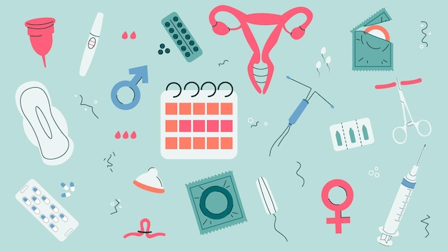 Ilustración vectorial de anticoncepción y días de la mujer Medios de protección